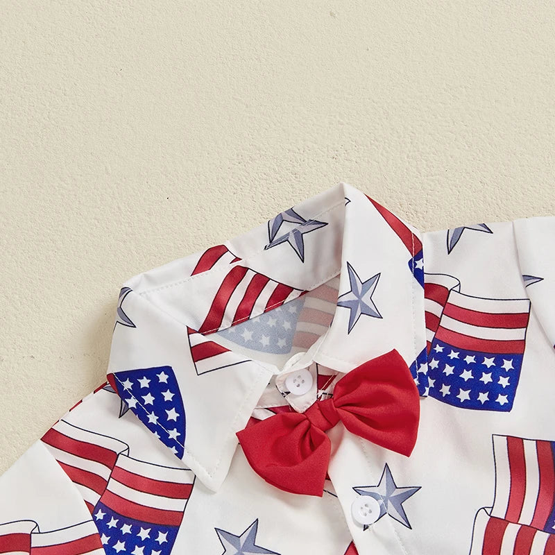 Infant Boy Independence Day Apparel Red White Blue Star Stripe Print Bowtie Top Shorts Set Kids Clothing for July 4th