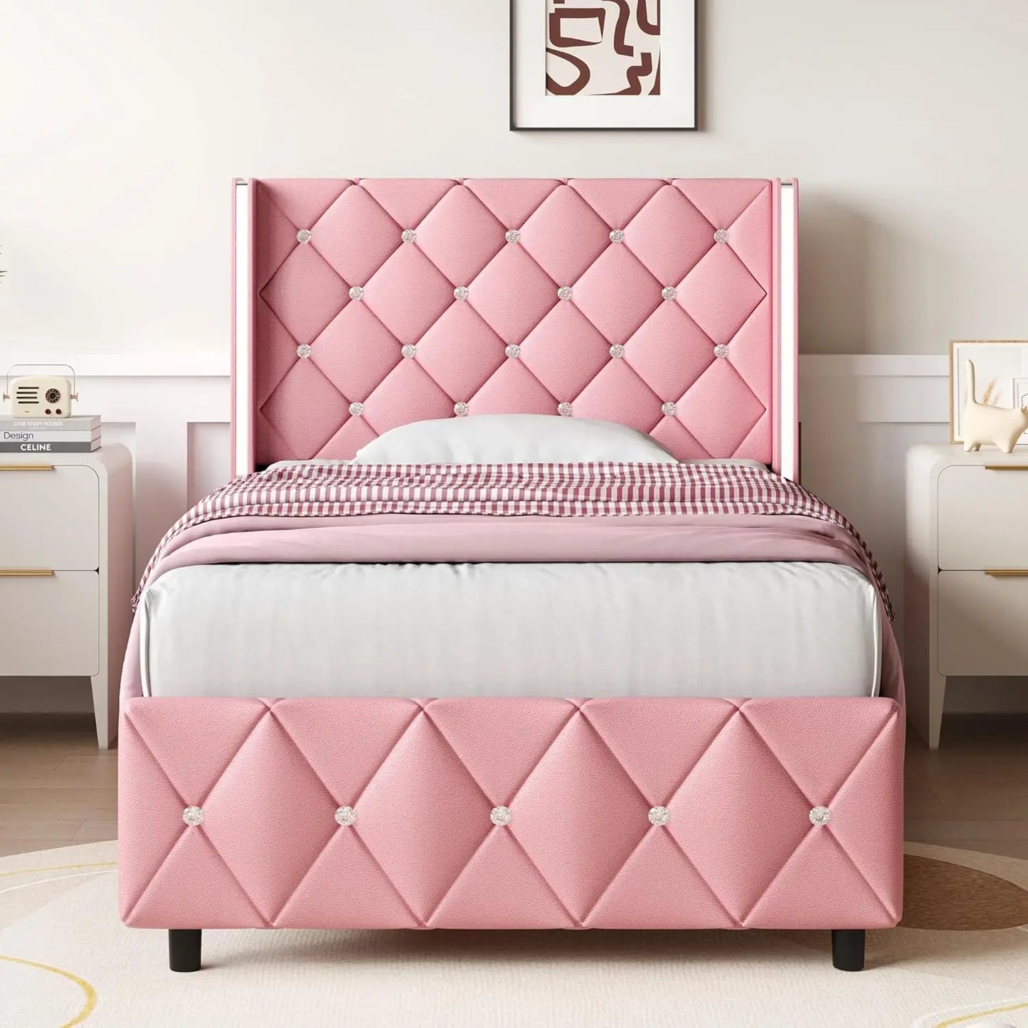 Queen Size Bed Frame with Diamond Headboard, Pink Bed Frame Queen, Upholstered Platform Bed Frame Faux Leather