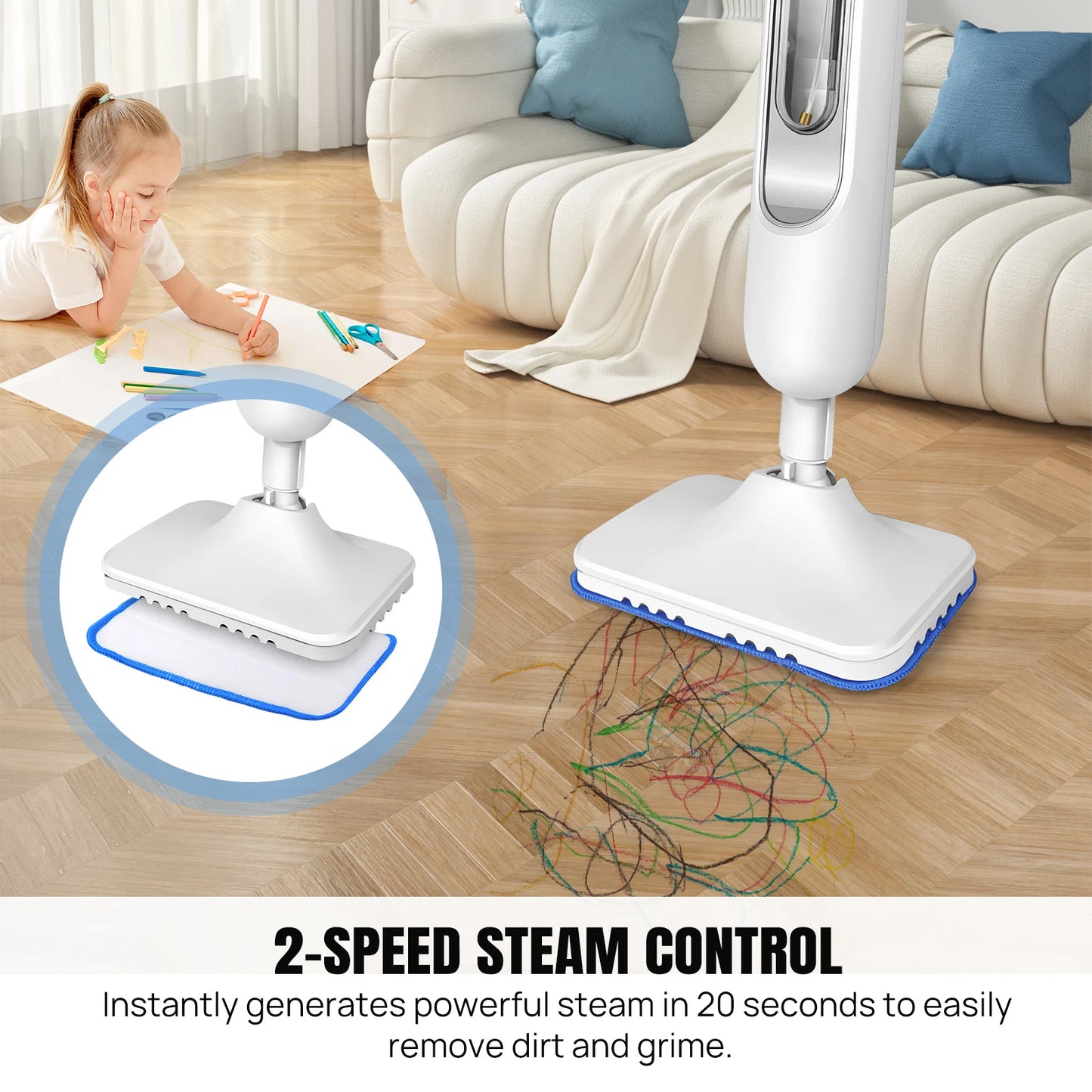 1500W Electrci Steam Cleaner with 400ML Water Tank, 2 Speed Adjusable, 20s Fast Heating Up, 2 Floor Cloth, 4.8m Cable
