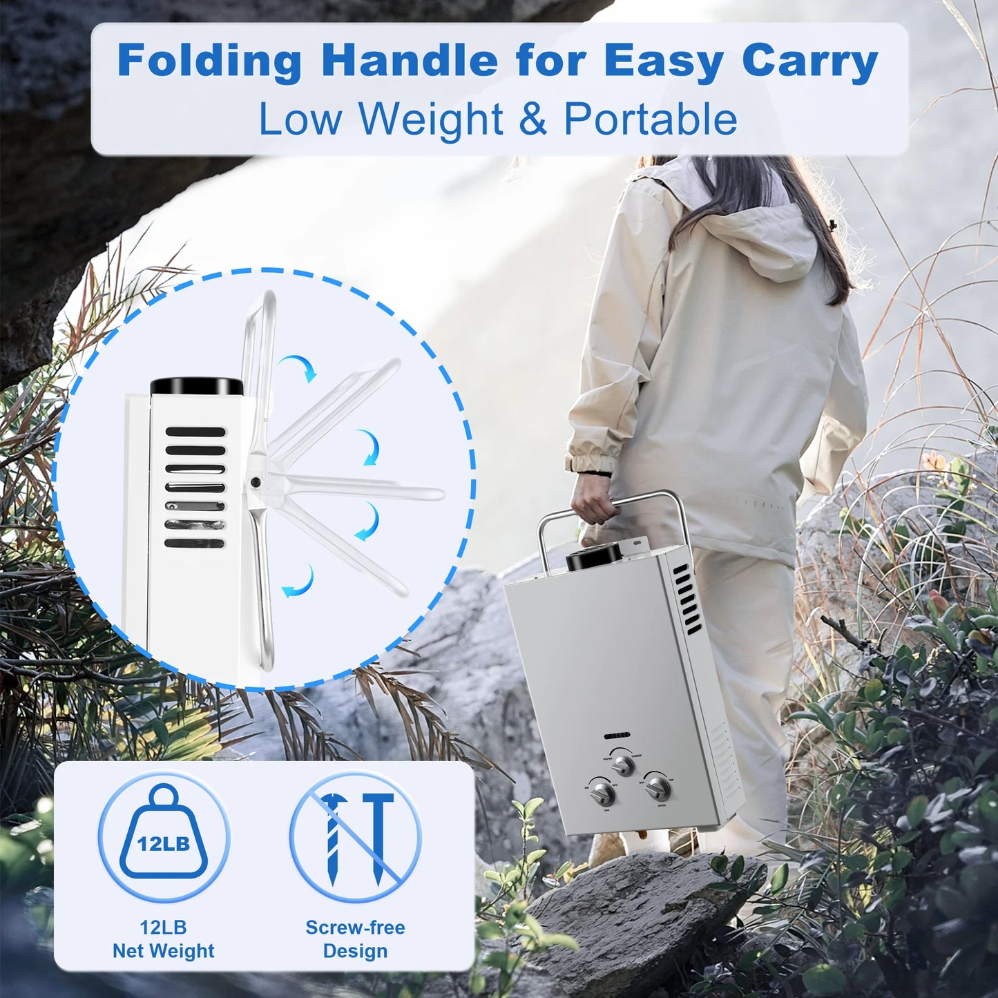 Outdoor Propane Tankless Water Heater-6L 1.58 GPM Portable Gas Water Heater with Handle Overheating Protection Instant Hot Water