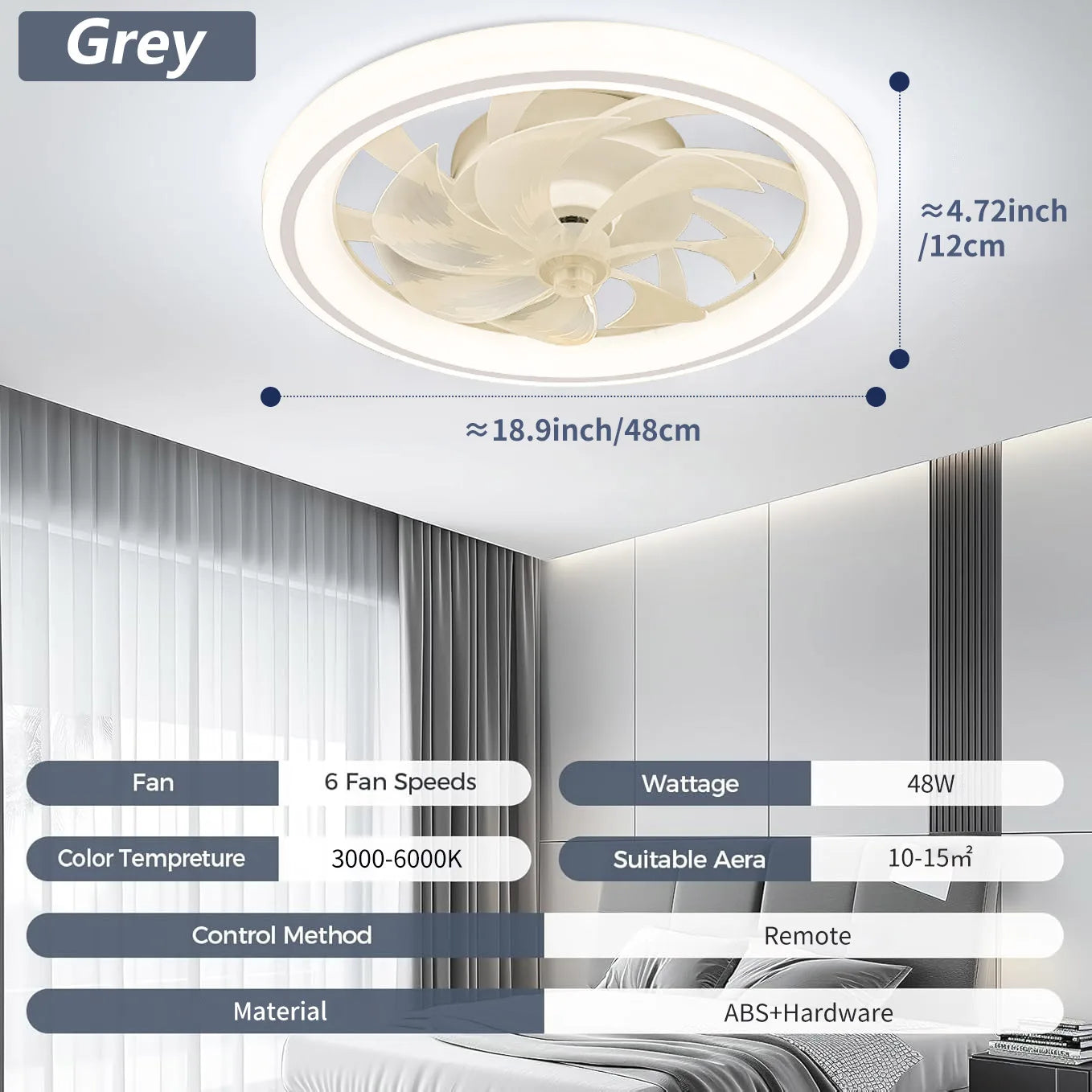48cm Ceiling Fan Light, Thin Silent Ceiling Fan with Remote Control, Unlimited Dimming, 6-speed Adjustment, Bedroom Living Room