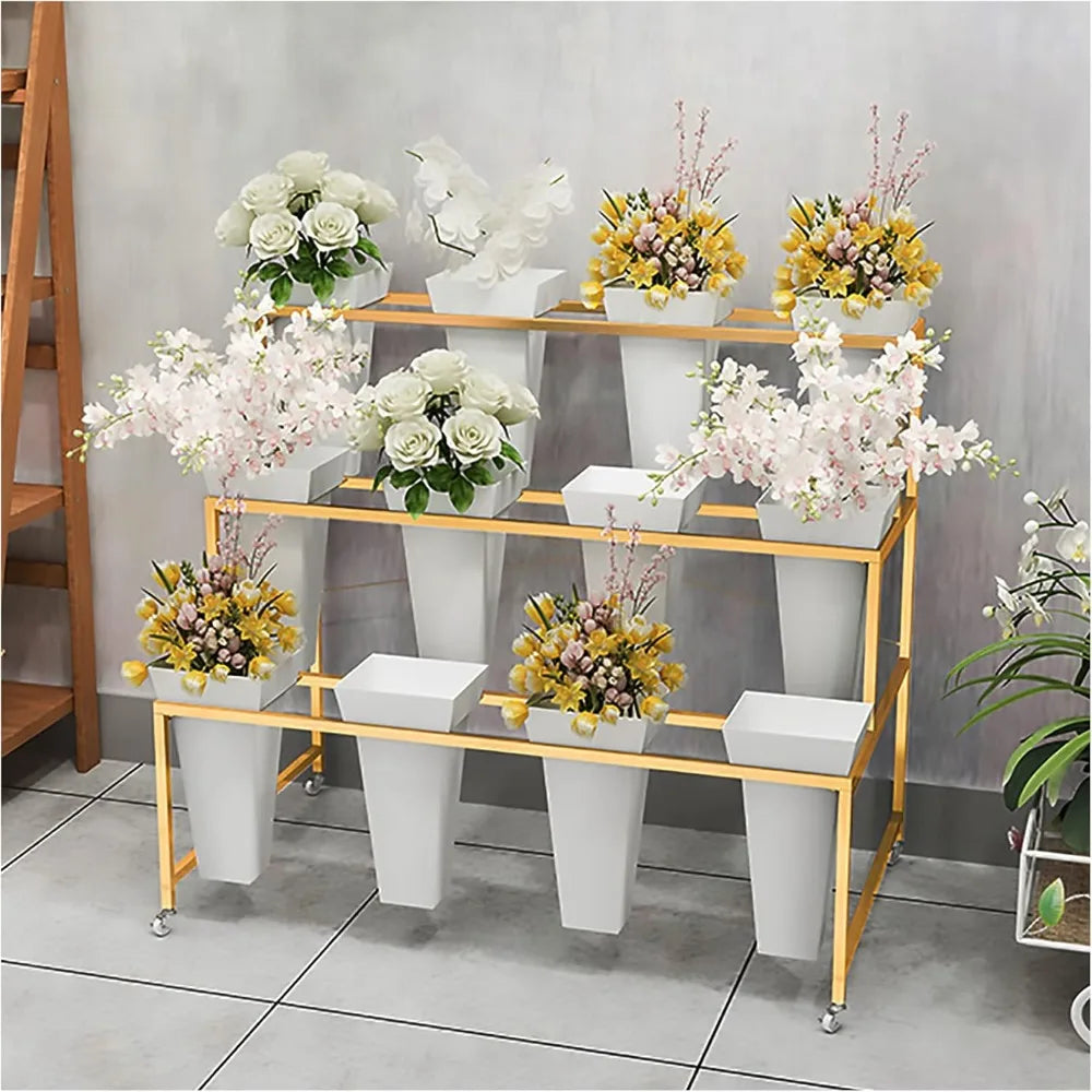 Flower Display Stand With 12PCS Buckets, 3 Layers Metal Plant Stand with Wheels, Living Room, Florist (White - Square Bucket)