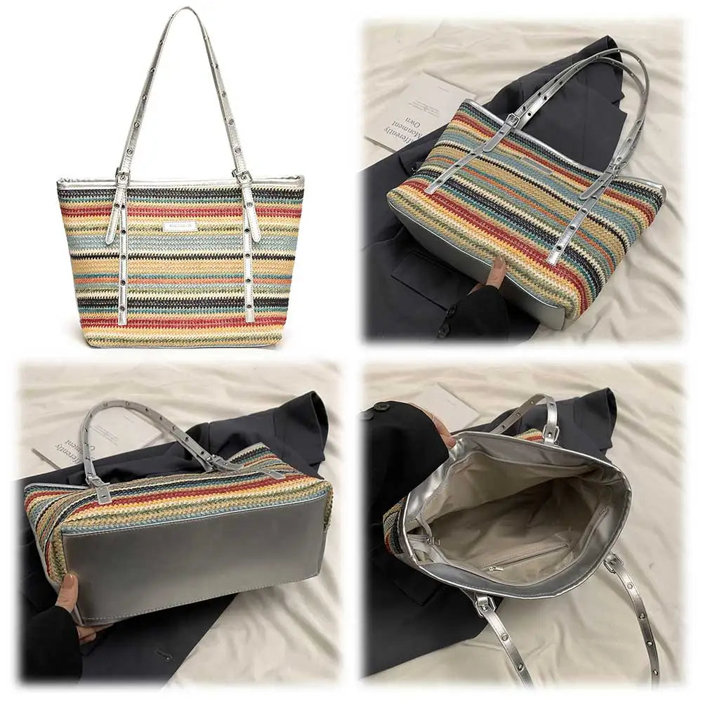 Women Color Straw Tote Handbag Large Capacity Weaving Travel Bag Patchwork Simple Shoulder Bag Ladies Summer Daily Bag