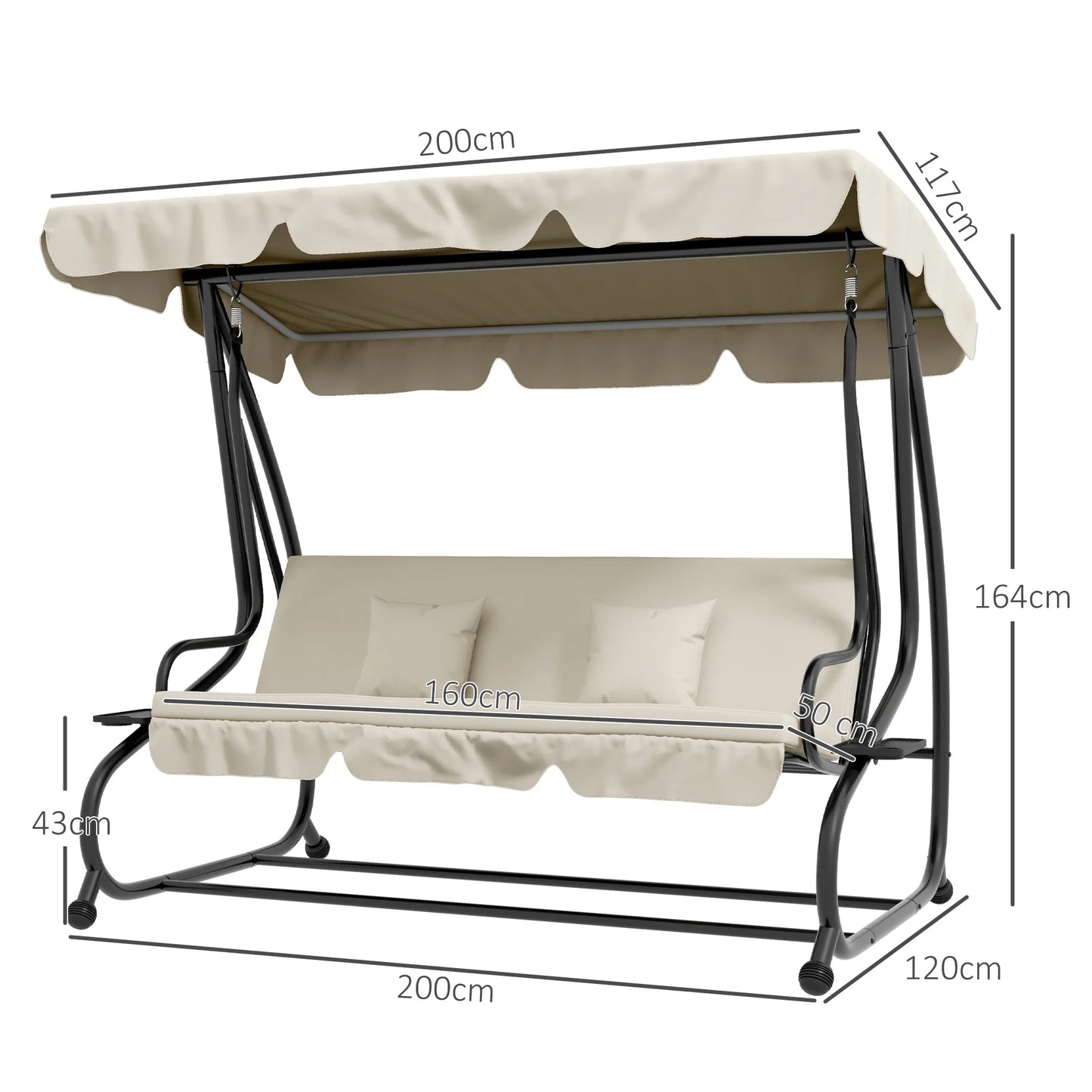 Outsunny 2-in-1 Garden Swing Seat Bed, 3 Seater Convertible Swing Chair Bench with Tilting Canopy, Cushioned Seat and 2 Pillows