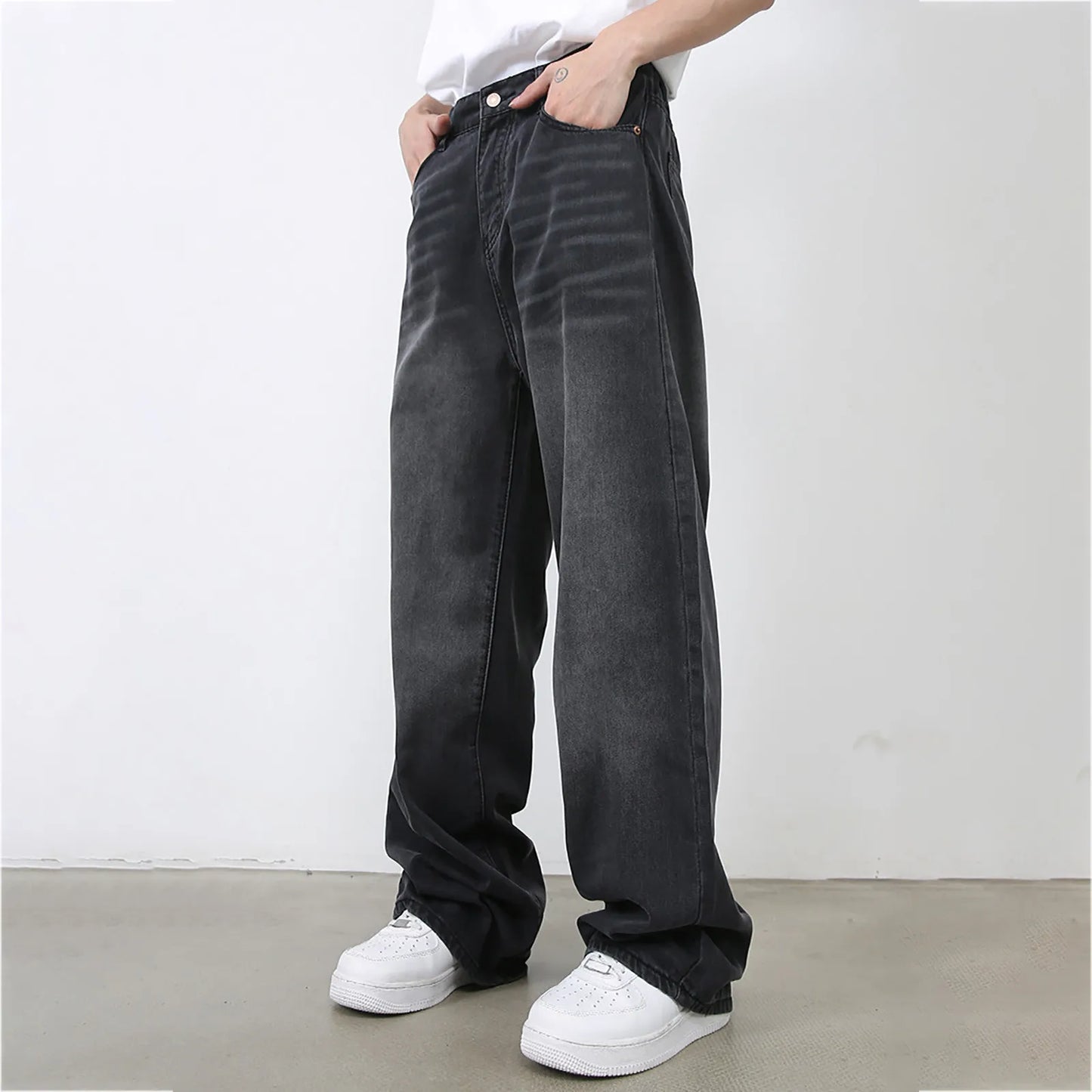 Vintage Simple Style Men's Jeans Fashion Washed Casual Wide Leg Denim Pants Autumn Winter Retro Loose Male Trousers Blue Jeans