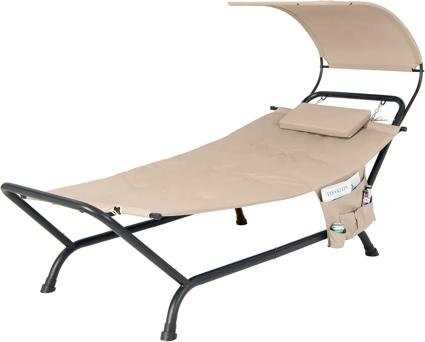 Outdoor Hammock, with Stand and Canopy, Patio Swing Hammock Bed with Cushion, Pillow & Storage Pocket, Hanging Chaise Lounge
