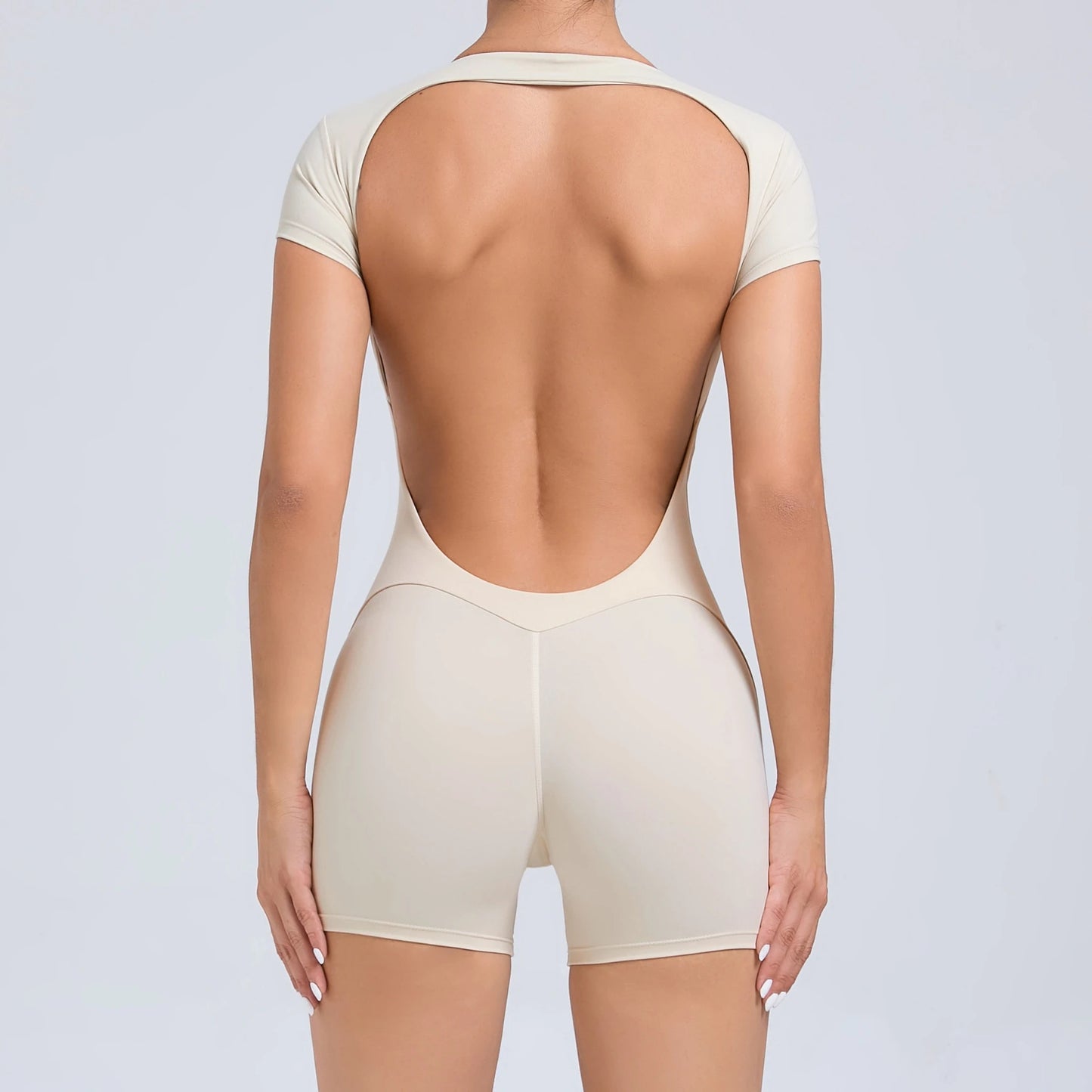 Women's One-piece Yoga Jumpsuit Short Sleeve Open Back Slim Fit Sports Outfit Tights Quick-drying Hip Lift Gym Fitness Clothes