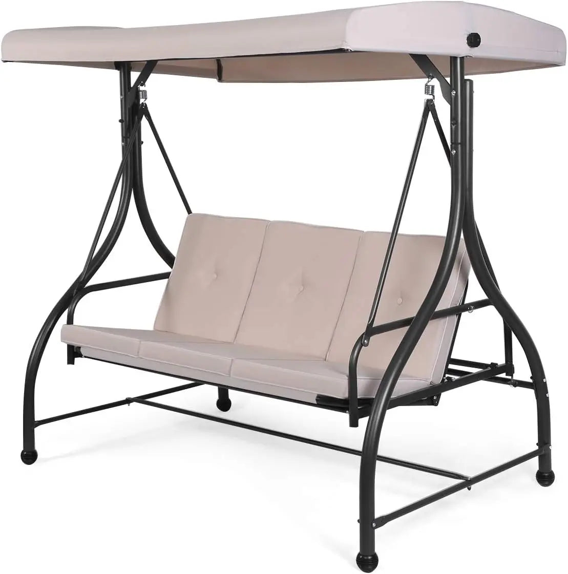 Garden Swing Chair, 3 Seater with Adjustable Canopy and Cushions, Steel Frame Porch Patio Swing Seat Lounger, Patio Swing Bench