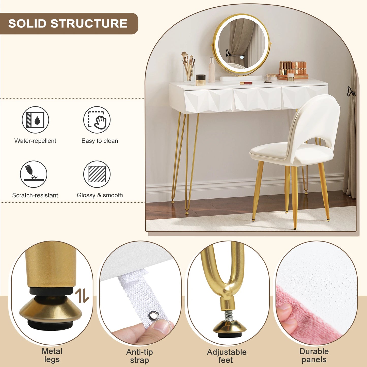 WOLTU 1SET Dressing Table with 360° Rotating Mirror Velvet Chair LED Light in 3 Light Colours Vanity Makeup Desk Cosmetic Table
