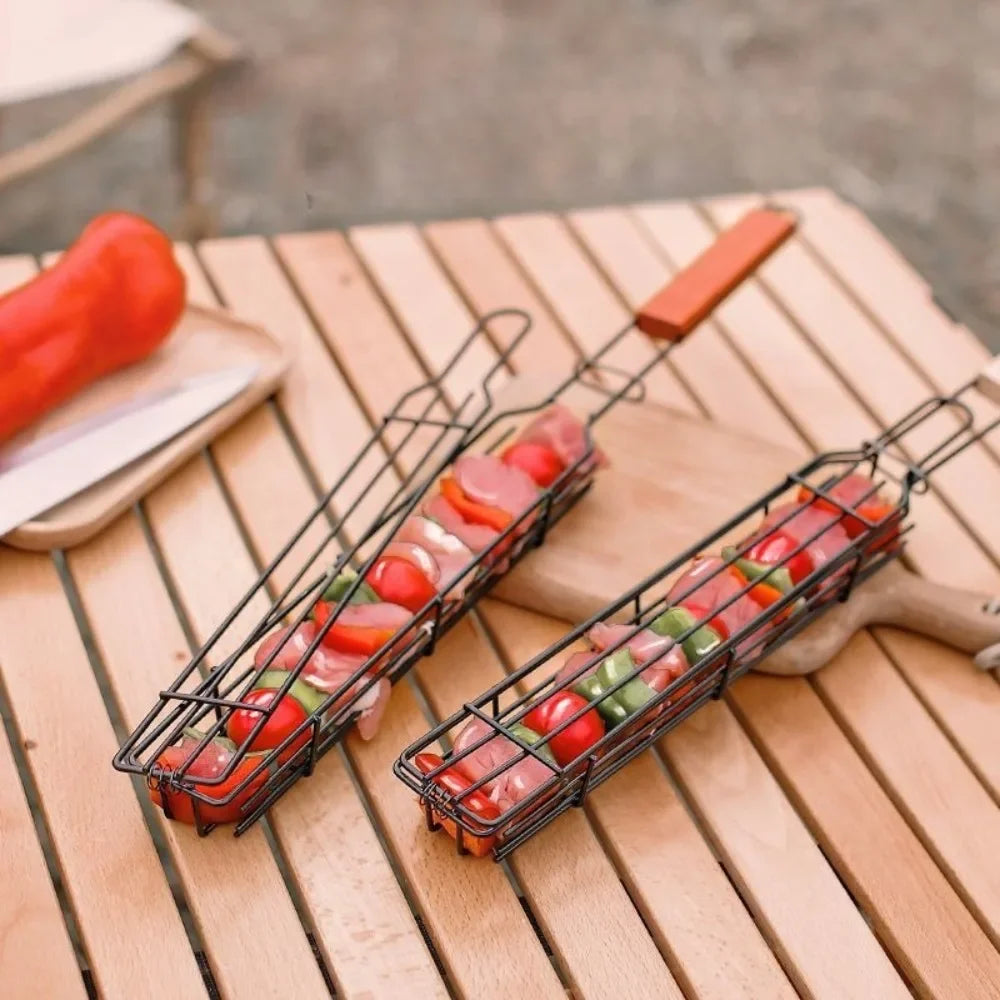 Wooden Handle BBQ Grill Basket - Outdoor Camping Grill Rack for Meat/Veggies, Charcoal Picnic Skewer Tool Party Camping Kitchen