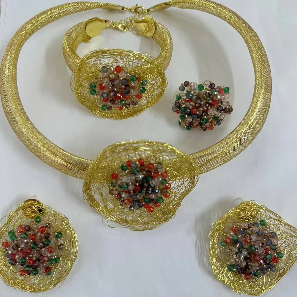 Exaggerate Jewelry Set for Women African Zircon Design Necklace and Big Earrings Weddings Bridal Cuff Bangle Ring Set for Party