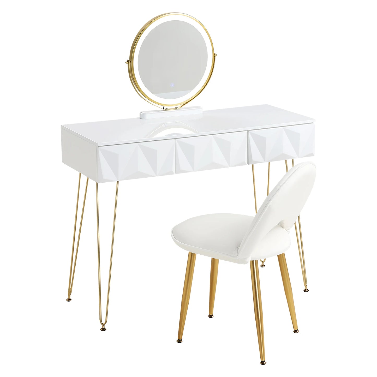 WOLTU 1SET Dressing Table with 360° Rotating Mirror Velvet Chair LED Light in 3 Light Colours Vanity Makeup Desk Cosmetic Table