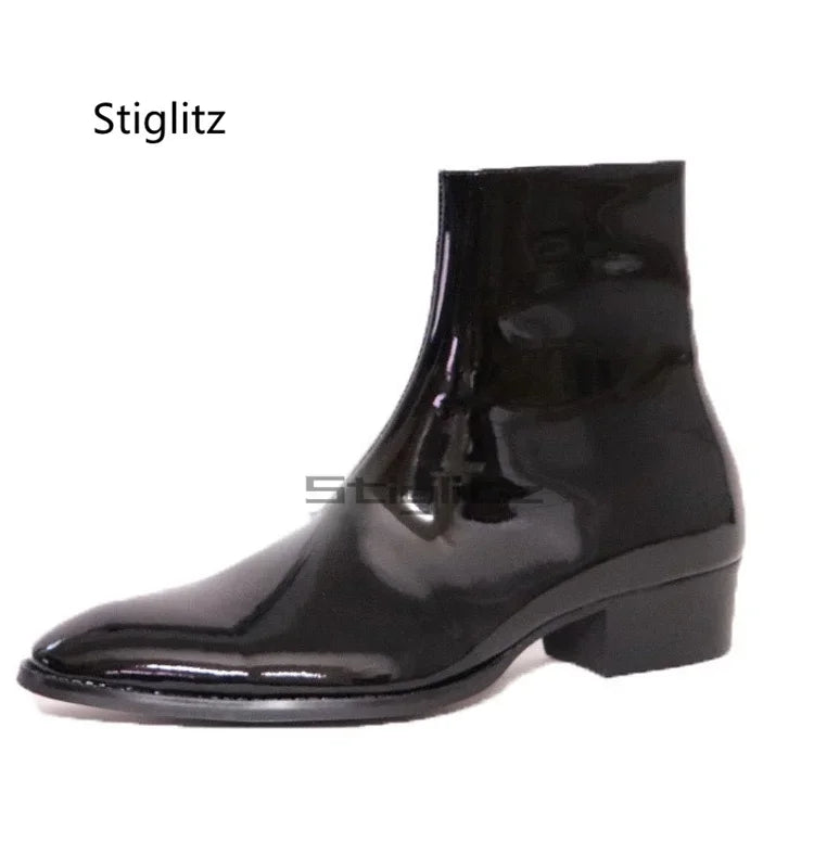 Light Patent Leather Chelsea Boots for Men Pointed Toe High Heel Ankle Boots Side Zipper Fashion Men's Boots High Top Shoes