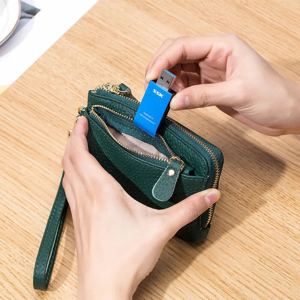 Mini Genuine Leather Women's Lychee Pattern Wallet Zipper Around Card Coin Purse with Detachable Wrist Strap Handbag