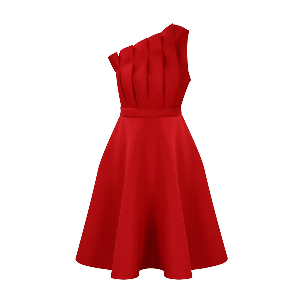 2025 New Arrival Hot Sale Elegant Women Dress Plus Size Ruffle Patchwork One Shoulder sleeveless Outfits Evening Party Dress