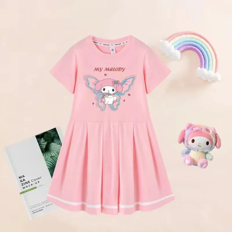 Sanrio Kuromi Girls Fashion Short Sleeve Dresses Summer Cute Cinnamoroll Melody Print Princess Dress Kids Birthday Clothes