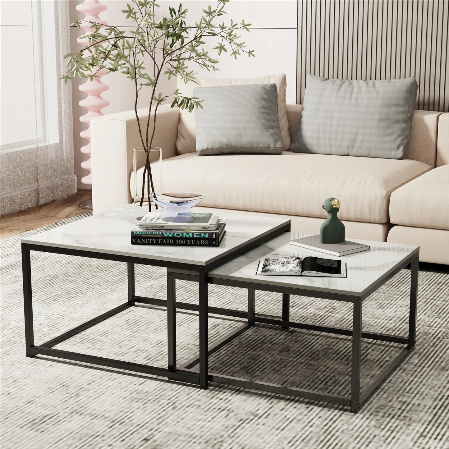 Modern Nesting Coffee Table Set of 2 for Living Room Center Office, Square Marble Cocktail Table with Stackable, White/Black
