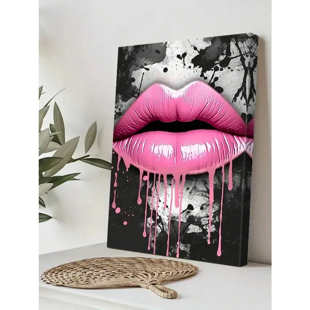 1pc Canvas Wall Art,Dramatic Rosy Lips Graffiti w/Dripping Paint,Solid Wood Frame(Optional),Ready to Hang,Urban Vibe