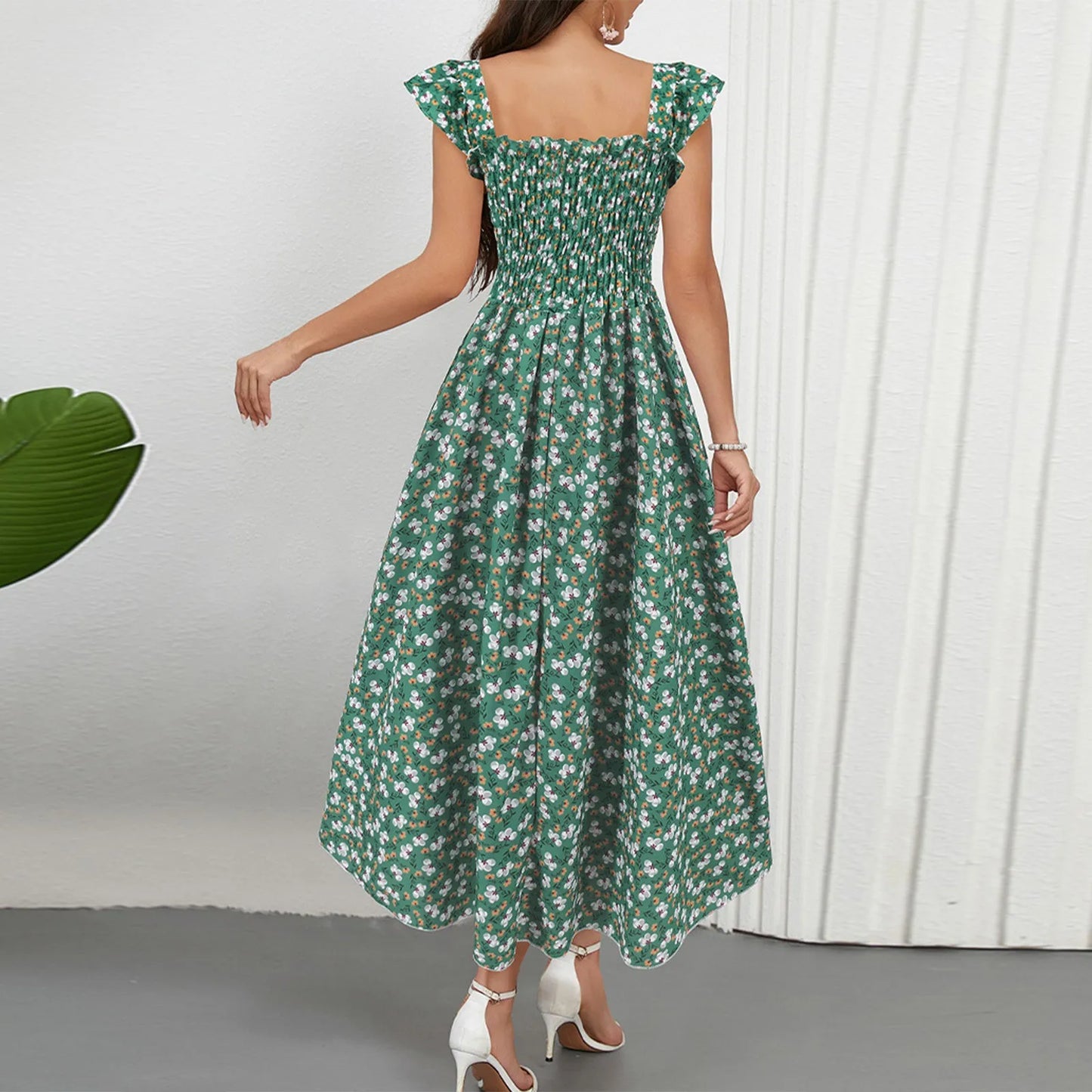 Women Floral Pleated Dress Ruched Chic Midi Dress Short Sleeve O-neck Casual Summer Boho A Line Beach Dress Women