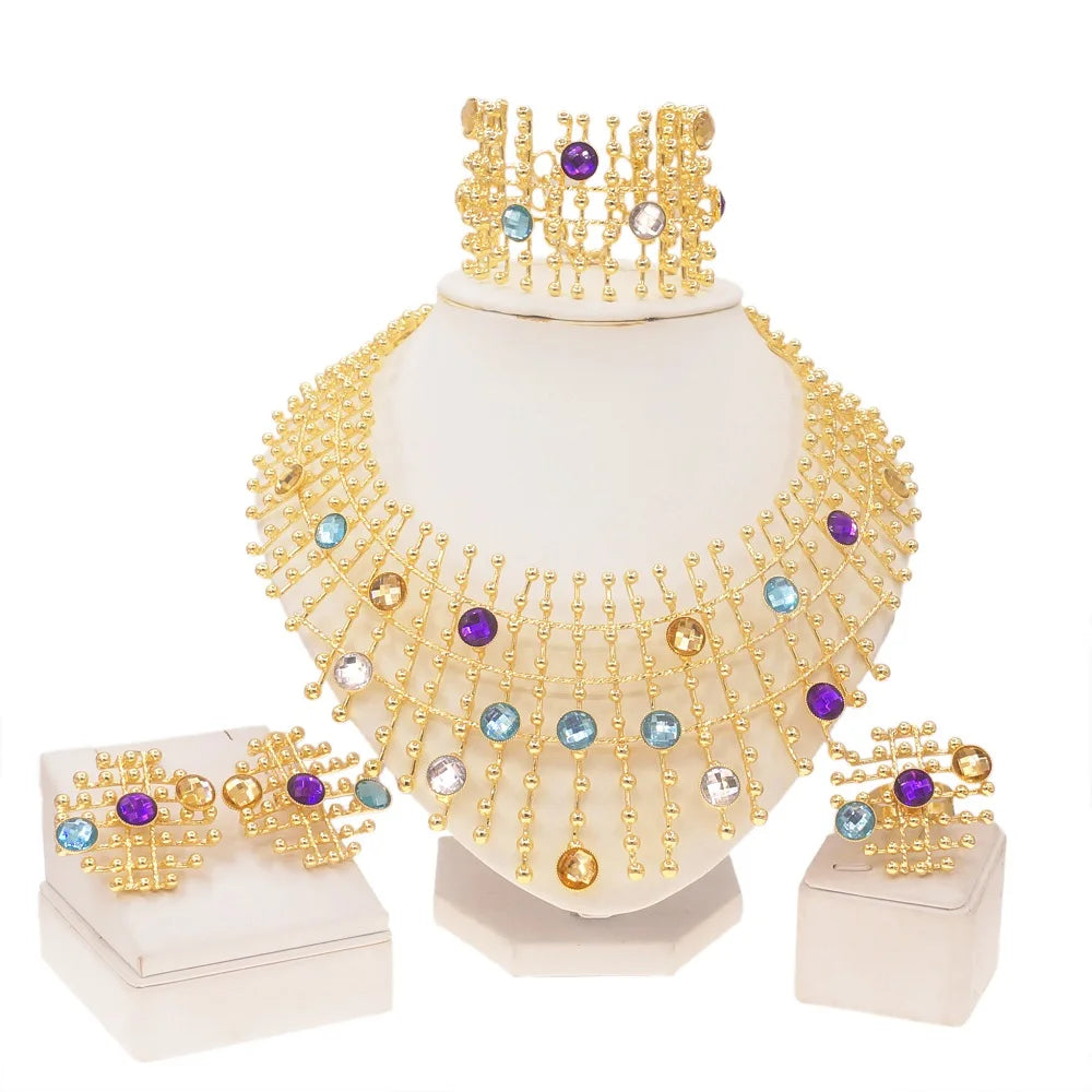 24k Gold Plated Women Jewelry Set Necklace Chain Earrings Bangle Ring Multi Color Stone