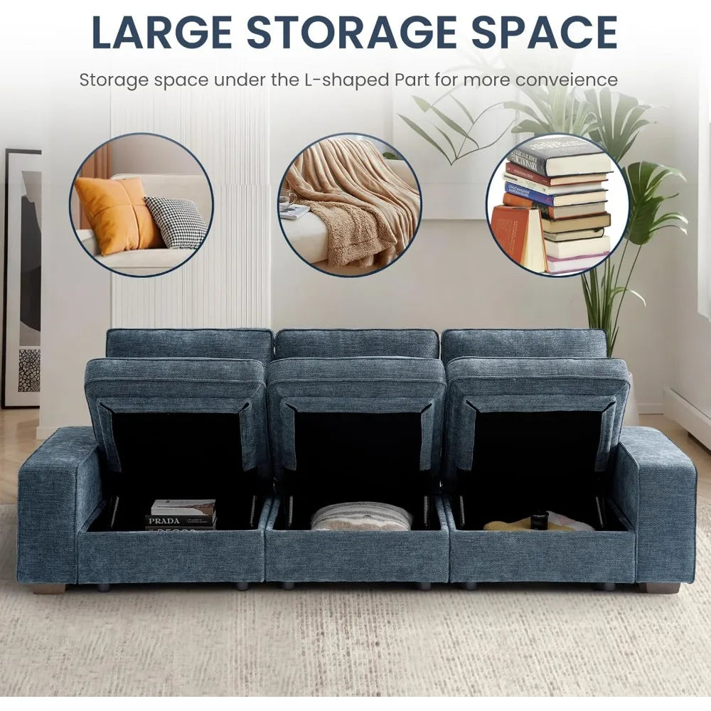 100" Modular Sofa with Seats Storage, Comfy 3-Seater Chenille Fabric Couch for Living Room, Office, Apart W/Deep Seat, USB Char
