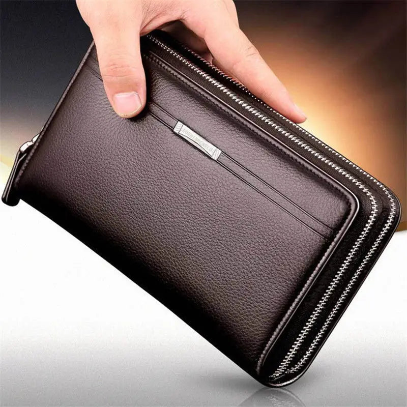 Men's Long PU Leather Clutch Wallet Large Capacity Business Double Zipper Card Holder Cellphone Handbag For Organized