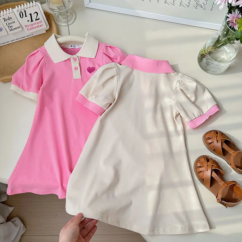 2025 Summer Stylish Girls' Polo Shirt Dresses 1-7Y Trendy Embroidered Heart Lapel Dress for Kid's Children's Clothing Outfit