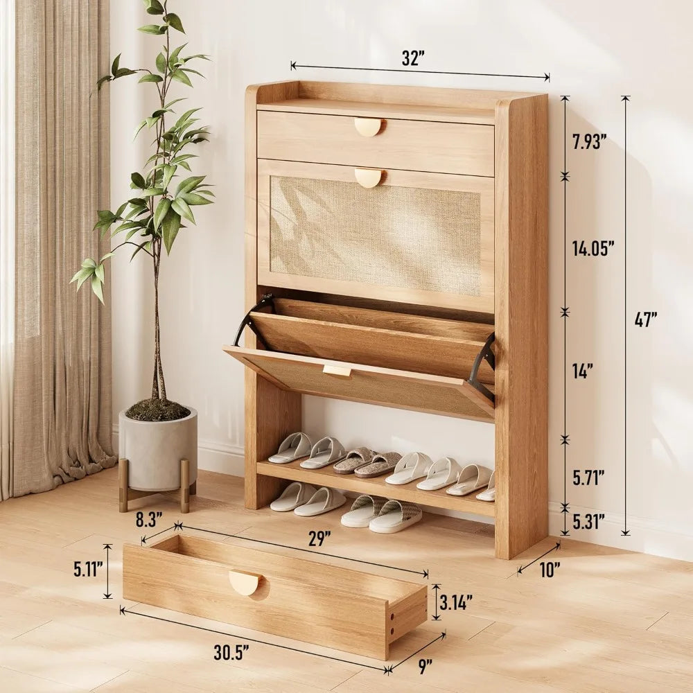 Rattan Storage Cabinet, Shoe Organizer with 2 Flip Drawers, Narrow Shoe Cabinet, Free Standing Hidden Shoe Storage