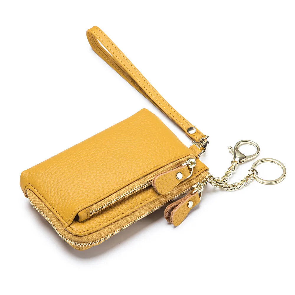 Mini Genuine Leather Women's Lychee Pattern Wallet Zipper Around Card Coin Purse with Detachable Wrist Strap Handbag