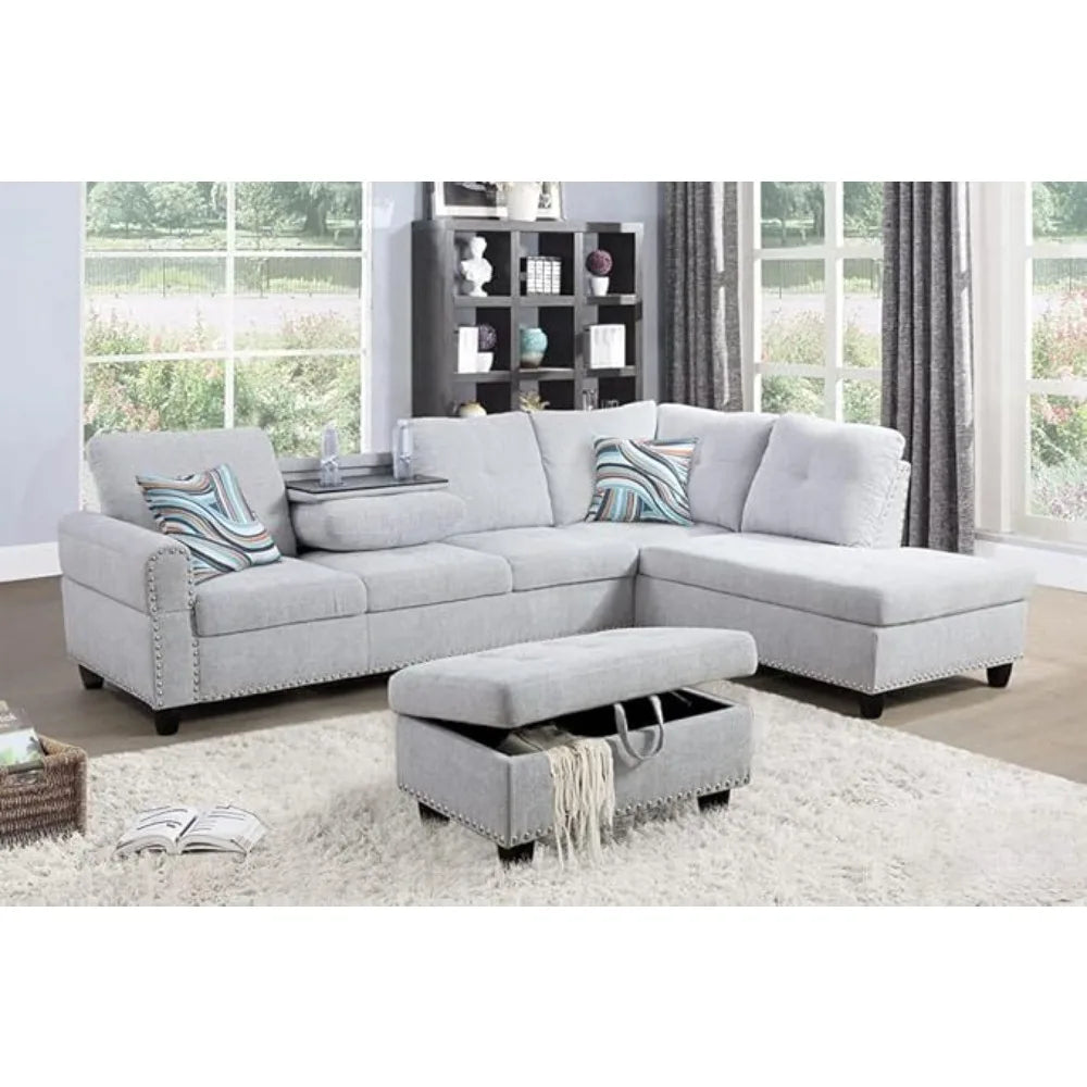 Linen 3-Piece Sofa Living Room Sofa Set with Storage Ottoman & Decorative Copper Nails,Reversible Coffee Table,Cup-Holder,Grey