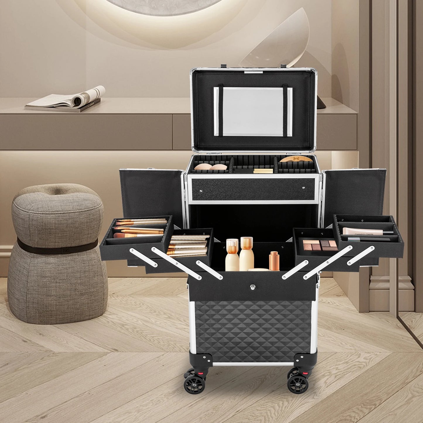 Secure and Spacious Rolling Makeup Case for Cosmetologists and Hairstylists - Easy to Clean and Transport