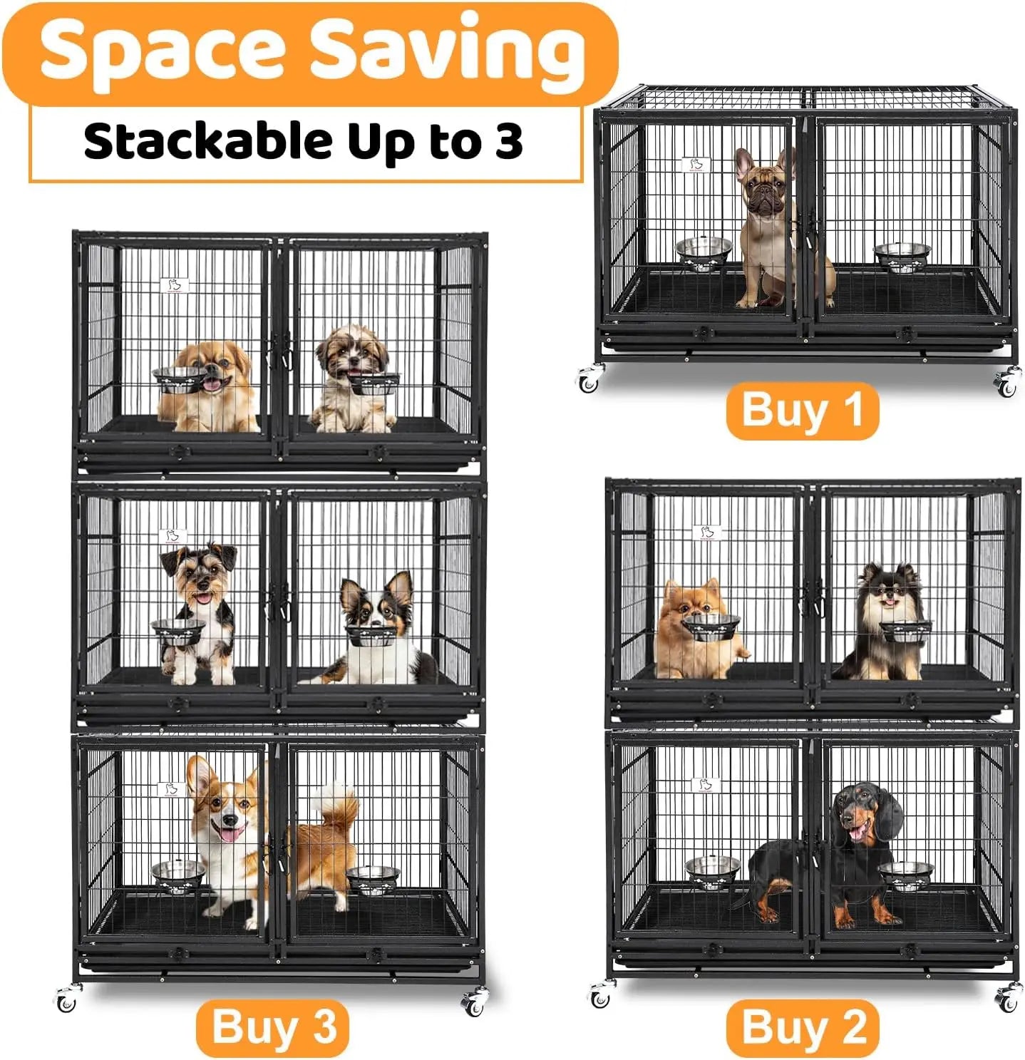 43 Inch Metal Open Top Stackable Heavy Duty Dog Cage Kennel with Three Door, Metal Floor Grid, Tray, Wheels, Divider and Feeding
