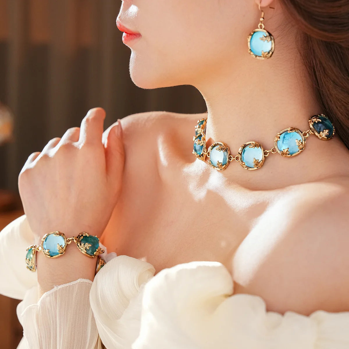 Vintage Fashion Wedding Jewelry Sets for Women Light Luxury Round Resin Necklace Versatile High-end Earring Bracelet