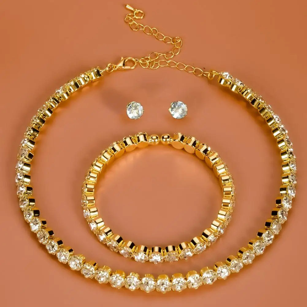 4Pcs/Set Luxury Women Necklace Jewelry Suit Electroplating High Gloss Female Shining Rhinestone Earrings Bracelet Necklace Set
