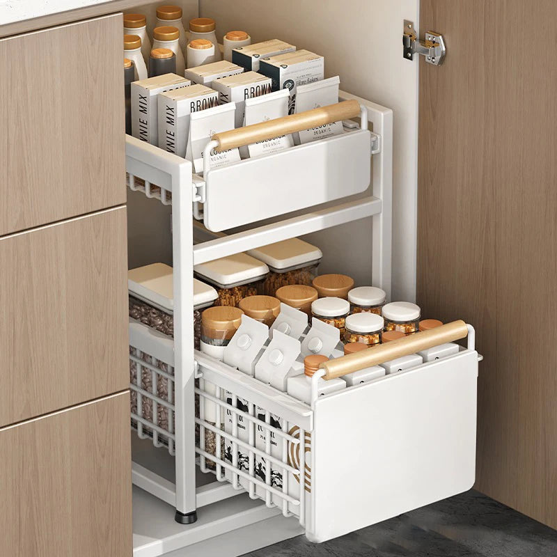 Kitchen Pull-out Basket Shelf Multifunctional Under Sink and Under Vanity Double Storage Shelf Save Space For Storage Items