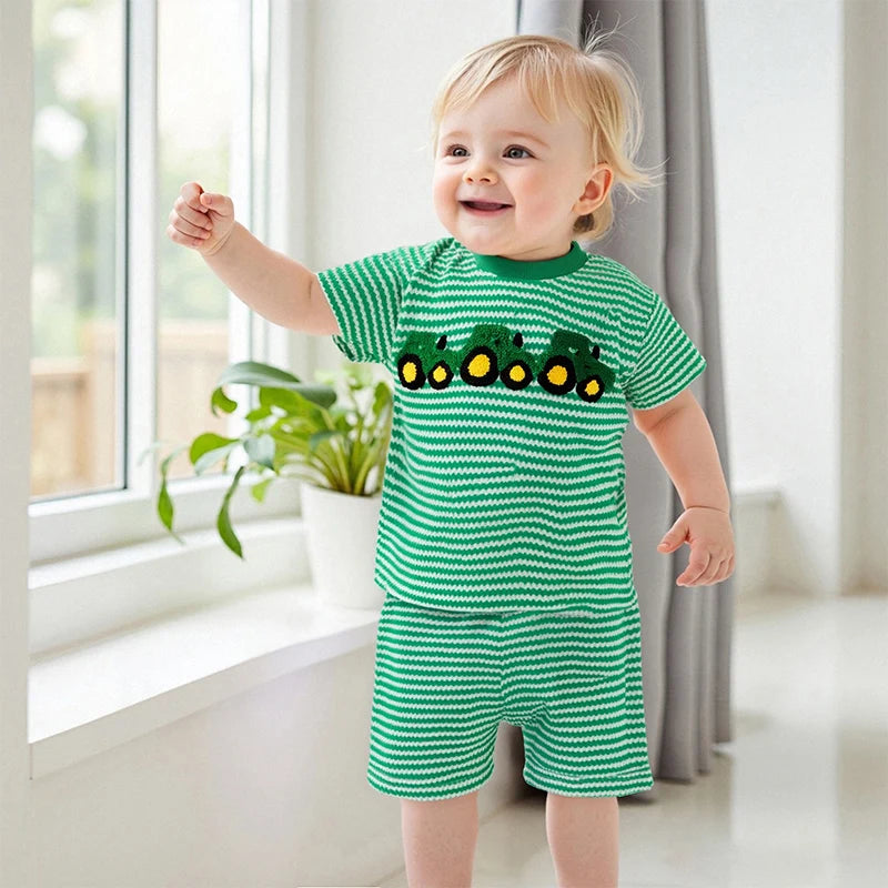 Toddler Boys 2-Piece Outfit Short Sleeve Dinosaur Print T-shirt with Denim Shorts Summer Set for Little Boys