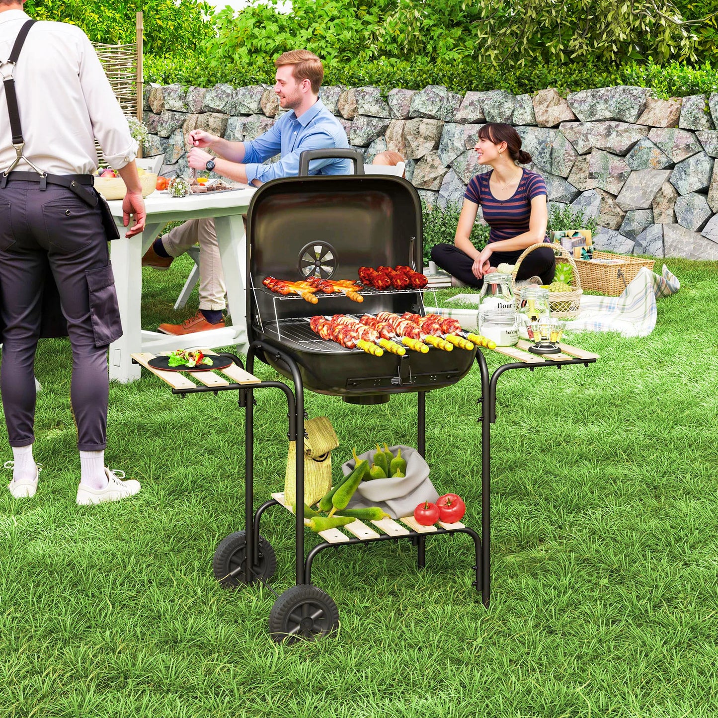 Outsunny Charcoal Barbecue Grill Portable BBQ Grill with 1840 cm² Cooking Area, 3 Shelves, Adjustable Vent, Lockable Lid