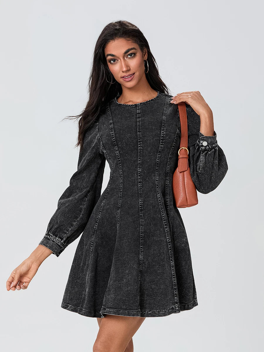 Elegant Women s Fall Denim Dress with Long Sleeves O Neck and Smocked Waist - Stylish A-line Mini Dress in Solid Color