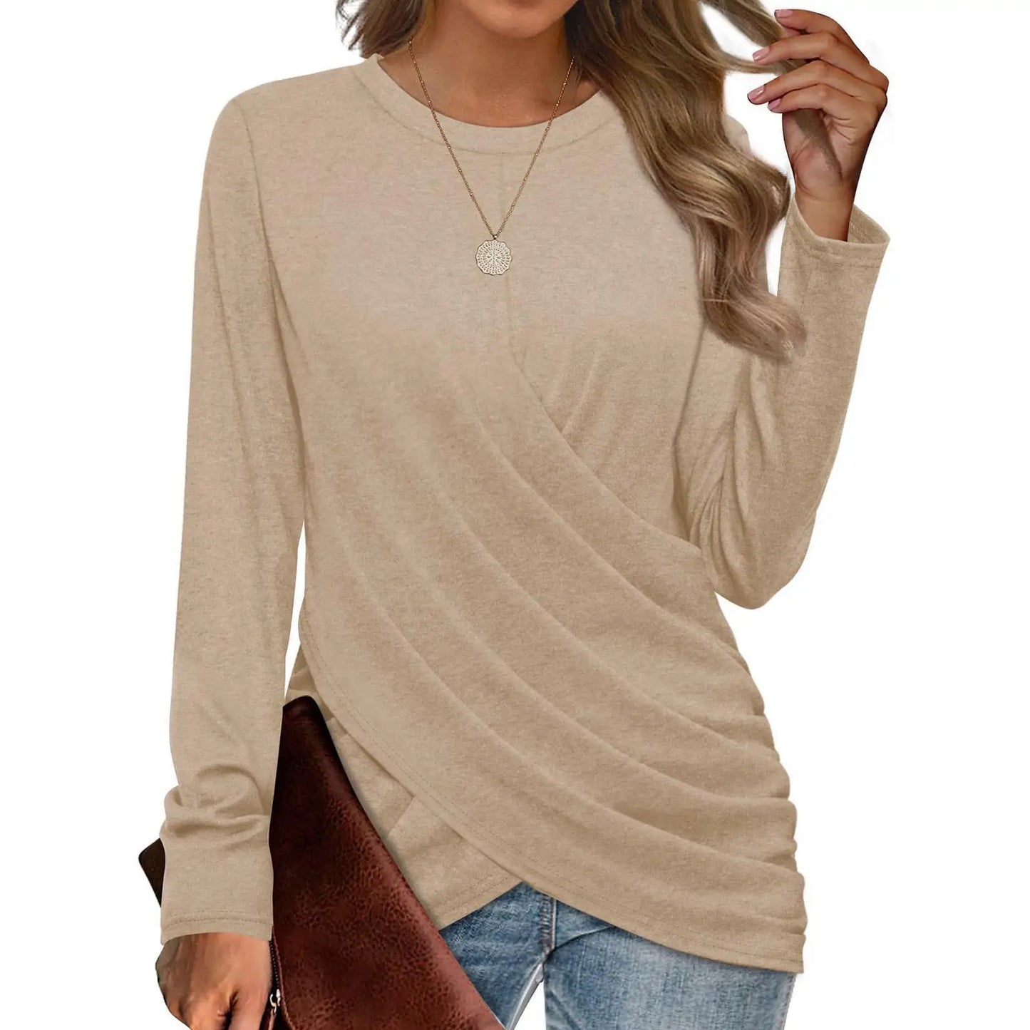 Women's Clothing 2024 Autumn Winter New Solid Color T-shirt Casual Round Neck Cross Pleated Loose Long Sleeved Top