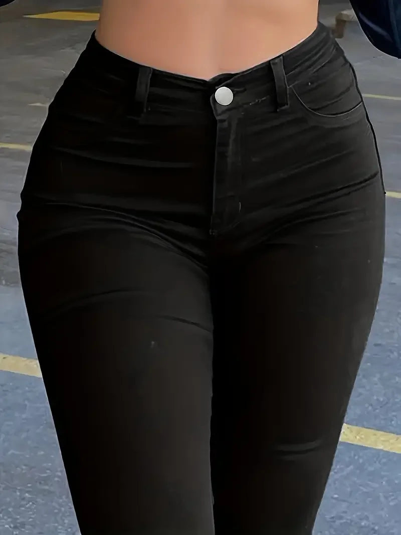 Women Simple Slim Wash Casual Style Jeans Zipper Button Closed Denim Pants