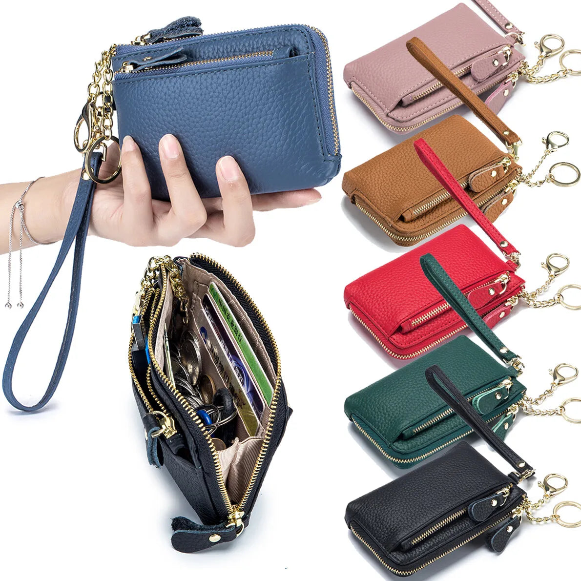 Mini Genuine Leather Women's Lychee Pattern Wallet Zipper Around Card Coin Purse with Detachable Wrist Strap Handbag