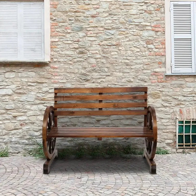 Rustic Fir Wood Garden Bench, Outdoor Wagon Wheel Wooden Loveseat, Brown Patio Bench for Outdoors