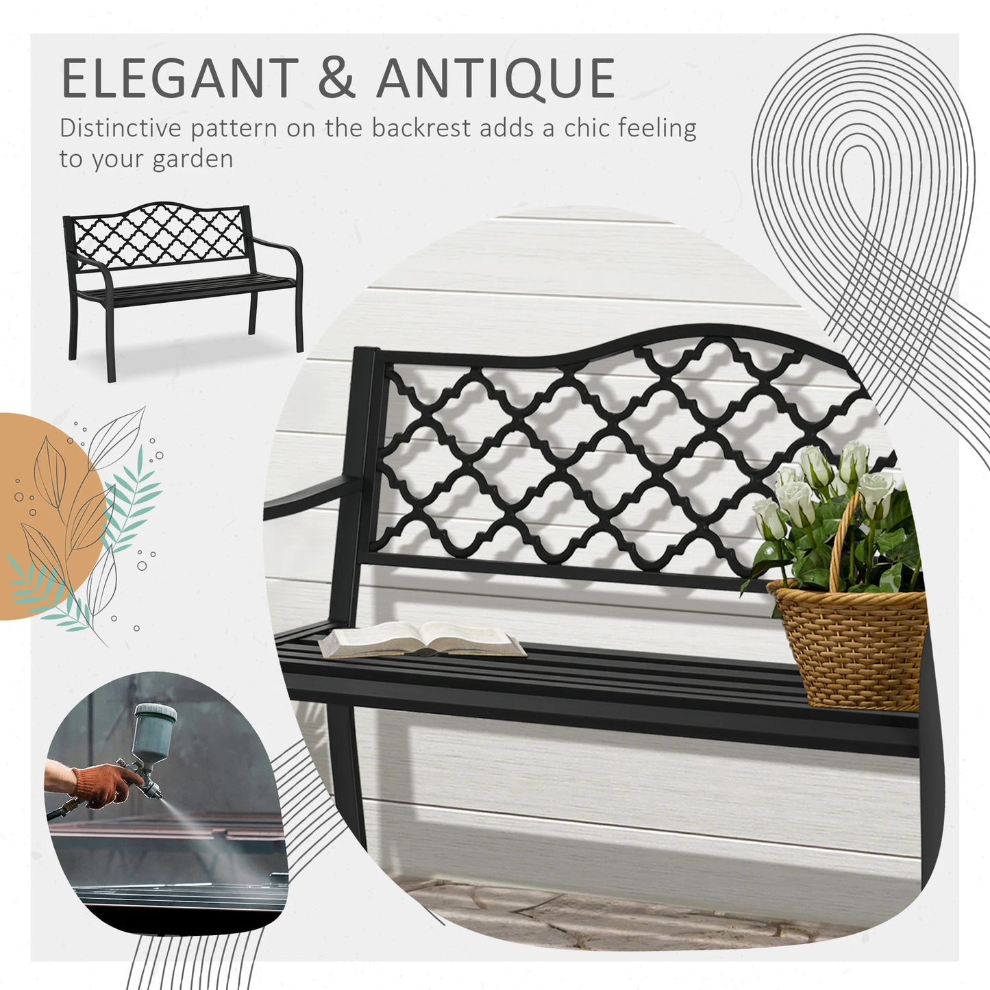 Outsunny 2-Seater Garden Bench Cast Iron Patio Antique Loveseat w/ Armrest