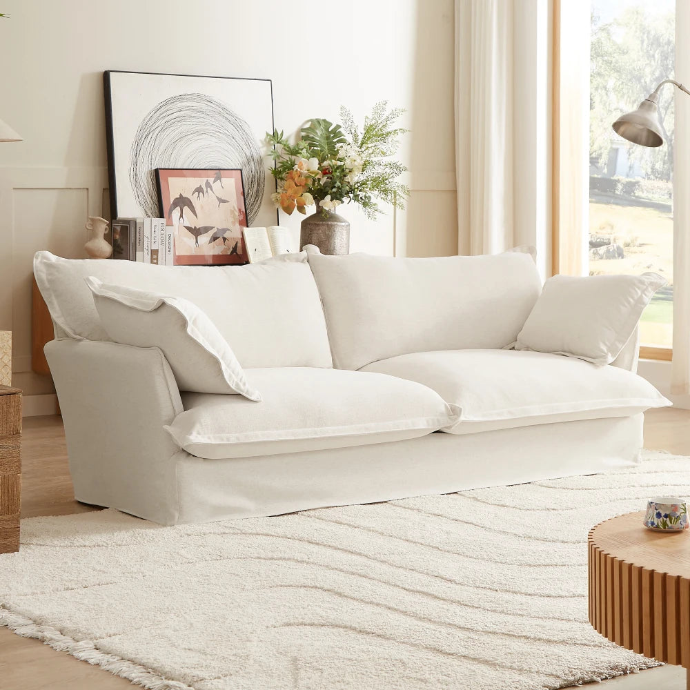 87'' Upholstered Cloud Sofa,3 Seat Fabric Couch with Pillows,Concealed Legs and Washable Covers for Living Room,Apartment,Ivory