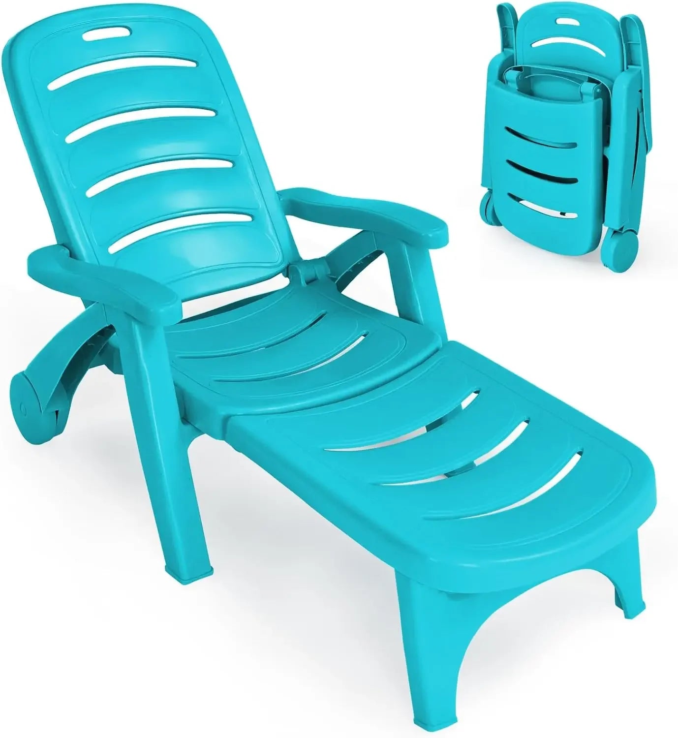 Folding Sunlounger with Wheels, 5-Position Adjustable Outdoor Deck Chair Furniture, Garden Beach Patio