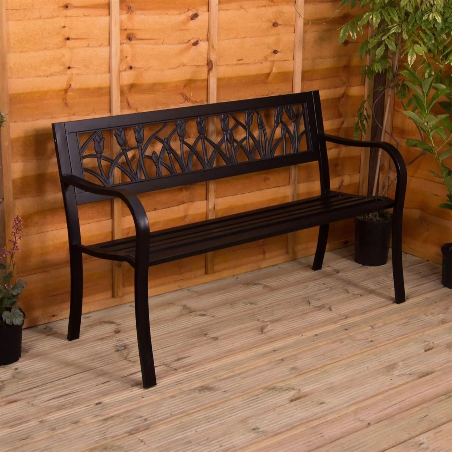 Slatted Garden Bench Wooden Seater Outdoor Furniture Seating Wood Slats Steel Legs Park Patio Seat