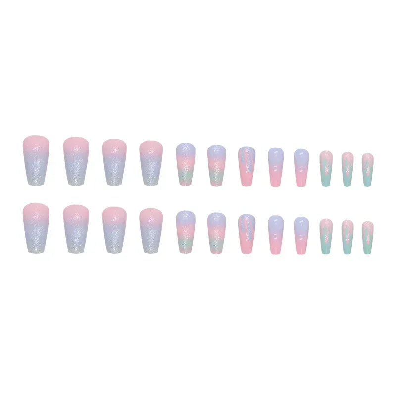 24Pc/set Girl Pink Blue Gradient Long Ballet Fake Nails Acrylic Press on Nail Tips Removable Artificial Wearing False Nails Art
