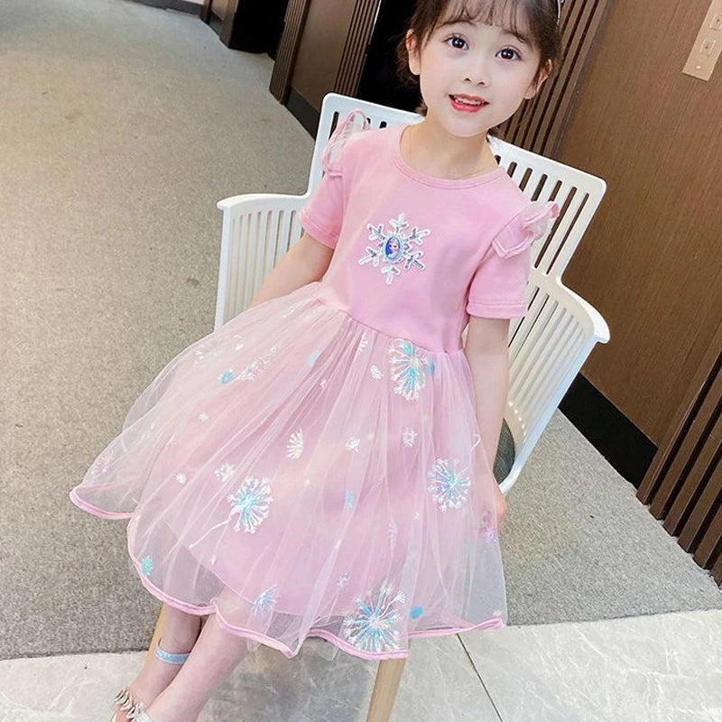 2025 New Disney Summer Kids Dress Clothes Pretty Girls Dresses Frozen Elsa Anna Princess Party Costume For Children Clothing