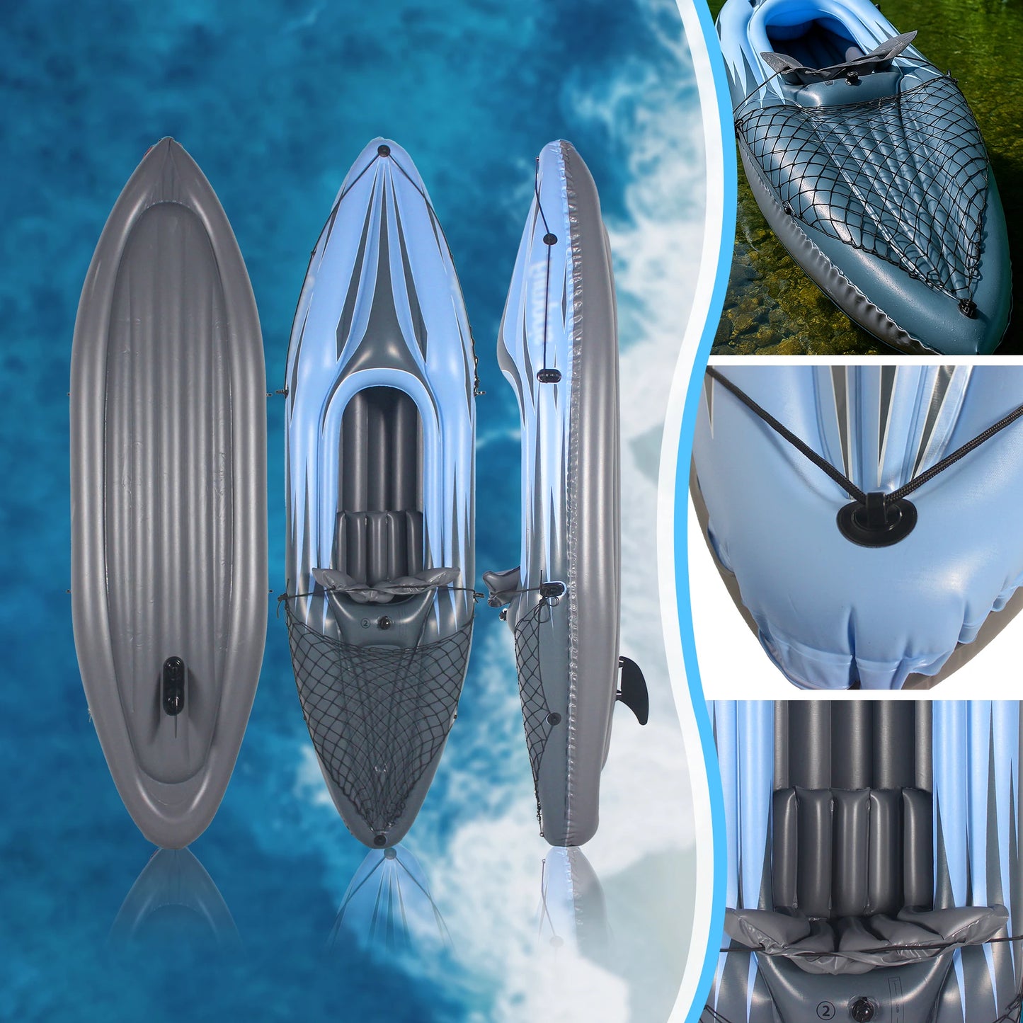 Inflatable Blue Kayak Fishing Boat 1 Person Adult Canoe, with Paddles, Bag, Seats, High-Output Pump, Fin, for Lakes & Rivers