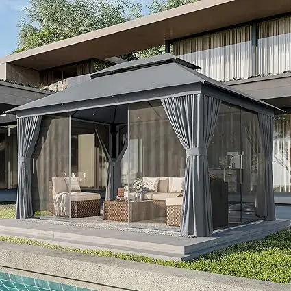 AOXUN Outdoor Gazebo for Patio 10x12, Metal Frame Canopy with Double Roofs, Heavy Duty Party Tent and Shelter with Mosquito Nett
